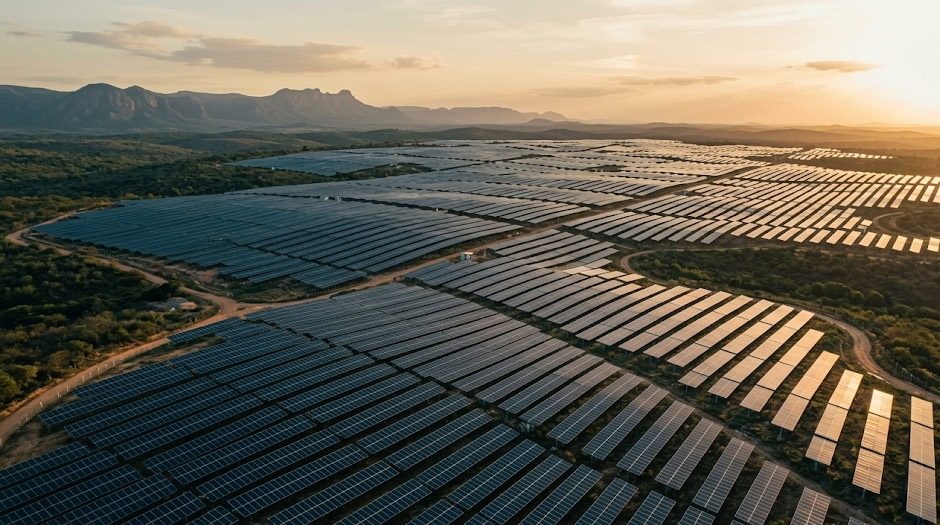 Vista aérea de usina solar fotovoltaica