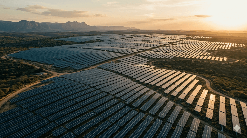 Vista aérea de usina solar fotovoltaica — SunR Reciclagem