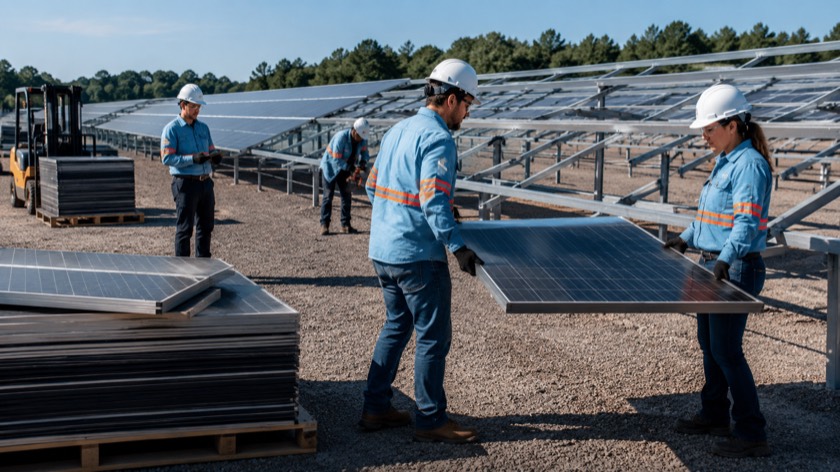 Crew removing photovoltaic modules from a solar plant structure and stacking them on pallets