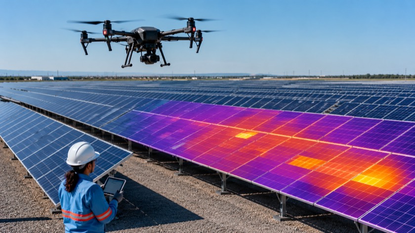 Drone flying over a solar plant with a thermal image over the modules and a technician with a tablet