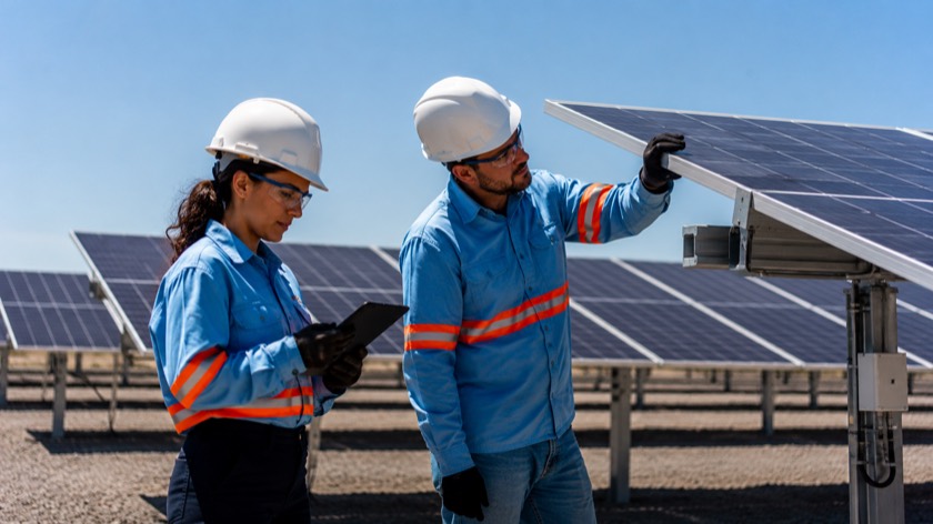 Dois técnicos de capacete e uniforme inspecionam módulos fotovoltaicos em usina solar